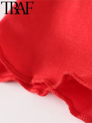 TRAF 2024 Пролетни елегантни червени плетени дамски тениски с разтегнати рамена с дълги ръкави и гъсти отстрани Ежедневно тънко дамско изрязано топ Y2K