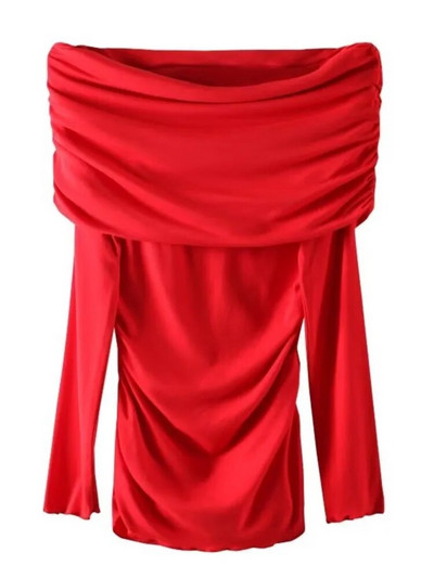 TRAF 2024 tavaszi, elegáns piros kötött női nyúlós vállpólók, hosszú ujjú, dörzsölt oldalsó alkalmi, karcsú női, kötött felső, Y2K