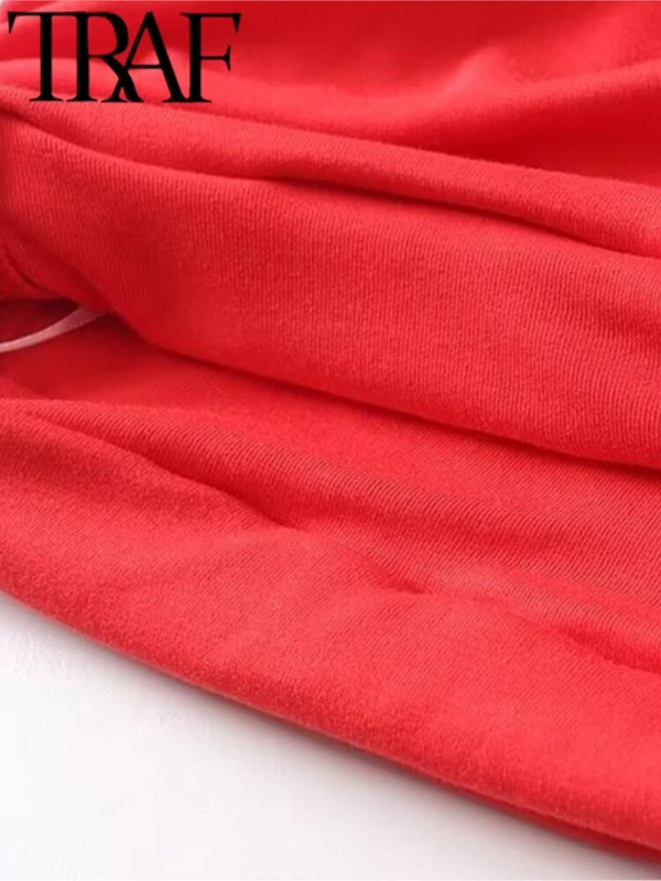 TRAF 2024 tavaszi, elegáns piros kötött női nyúlós vállpólók, hosszú ujjú, dörzsölt oldalsó alkalmi, karcsú női, kötött felső, Y2K