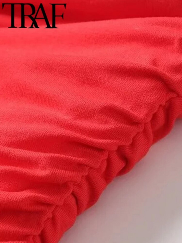 TRAF 2024 tavaszi, elegáns piros kötött női nyúlós vállpólók, hosszú ujjú, dörzsölt oldalsó alkalmi, karcsú női, kötött felső, Y2K