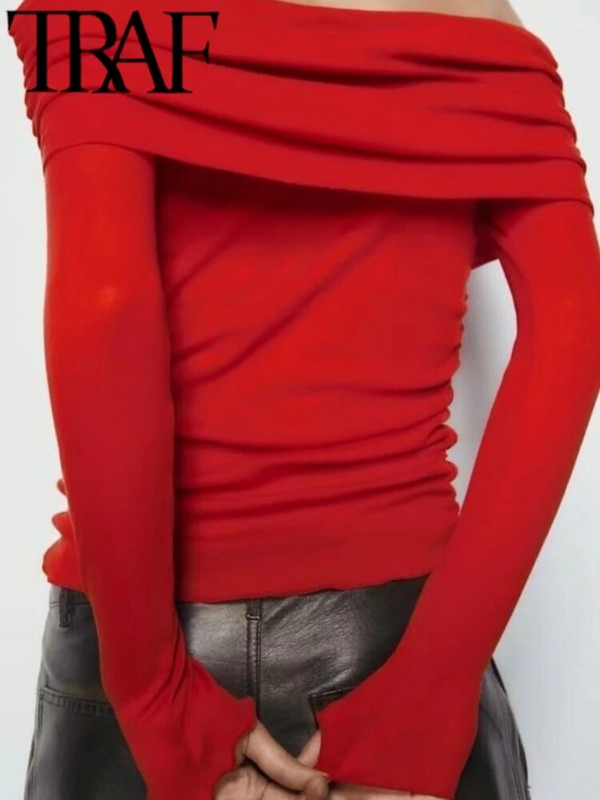 TRAF 2024 tavaszi, elegáns piros kötött női nyúlós vállpólók, hosszú ujjú, dörzsölt oldalsó alkalmi, karcsú női, kötött felső, Y2K