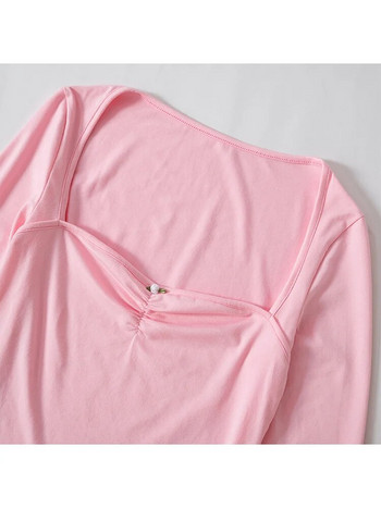 Absobe Spliced Little Flower Πλισέ Crop Top Γυναικείο τετράγωνο λαιμό μακρυμάνικο λεπτό γλυκό μπλουζάκι Hottie Φθινοπωρινά μπλουζάκια μπαλέτου