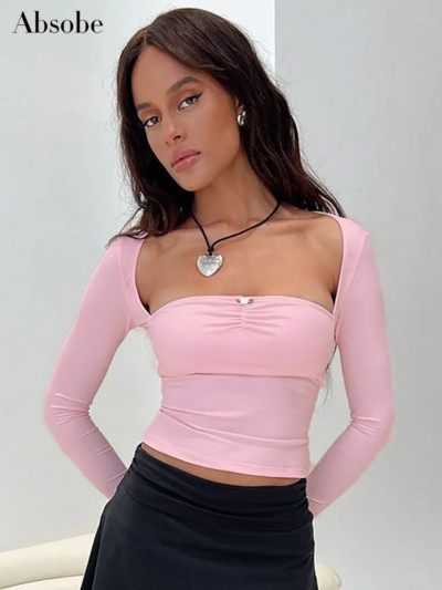 Absobe Spliced Little Flower Plisseeritud Crop Top naiste kandiline kaelus pikkade varrukatega õhuke magus T-särk kuumad sügisballetiga särgid