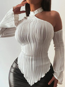 Fehér női hosszú ujjú póló 2024 tavaszi csíkos póló lányoknak hosszú ujjú ferde gallérú garbós póló női Crop Top