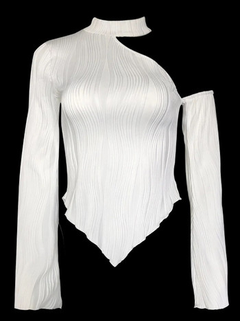 Бяла дамска тениска с дълъг ръкав 2024 Пролетна тениска на райета за момичета Тениска с изкривена яка с дълъг ръкав и висока яка Дамско изрязване