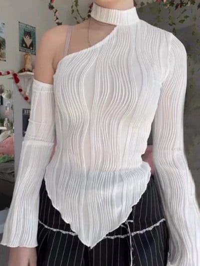 Fehér női hosszú ujjú póló 2024 tavaszi csíkos póló lányoknak hosszú ujjú ferde gallérú garbós póló női Crop Top