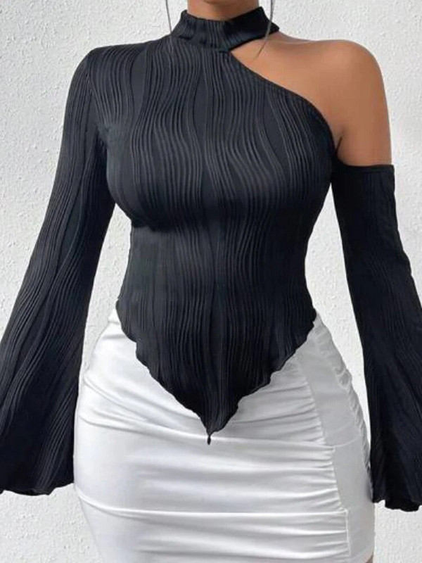 Fehér női hosszú ujjú póló 2024 tavaszi csíkos póló lányoknak hosszú ujjú ferde gallérú garbós póló női Crop Top