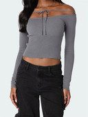 CHRONSTYLE Tricouri scurte de culoare uni pentru femei, cu cravată, cu gât îndepărtat, cu mânecă lungă, primăvară, toamnă, tricouri slim Fit Topuri Streetwear