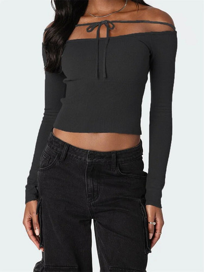 CHRONSTYLE Tricouri scurte de culoare uni pentru femei, cu cravată, cu gât îndepărtat, cu mânecă lungă, primăvară, toamnă, tricouri slim Fit Topuri Streetwear