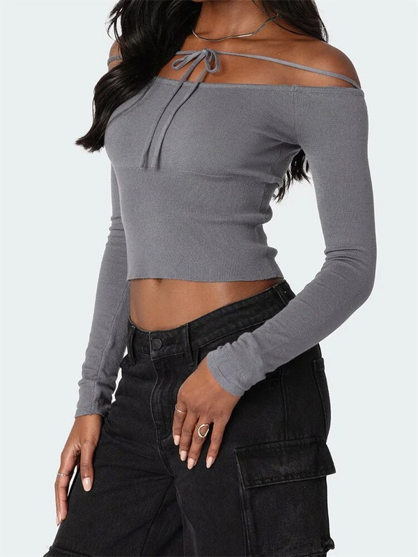 CHRONSTYLE Tricouri scurte de culoare uni pentru femei, cu cravată, cu gât îndepărtat, cu mânecă lungă, primăvară, toamnă, tricouri slim Fit Topuri Streetwear