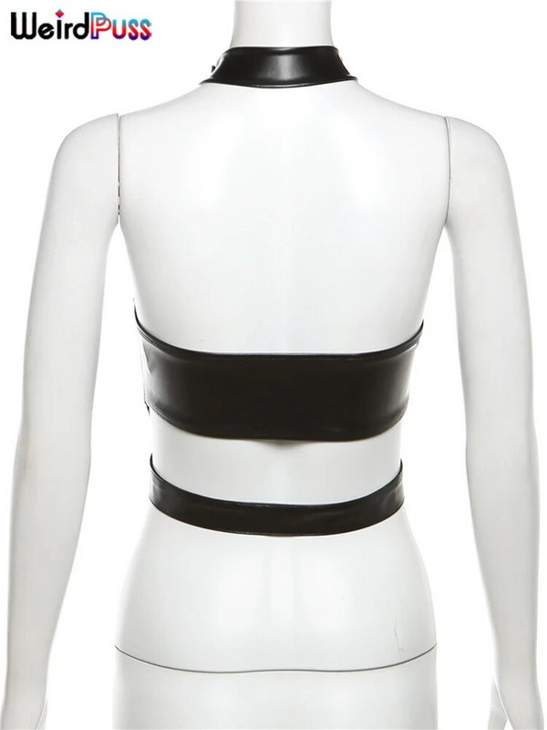 Weird Puss PU Ženske majice bez rukava bez rukava s patentnim zatvaračem Dekoracija s halterom bez rukava Seksi punk ulična odjeća za noćni klub Ljetni divlji prsluk
