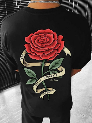 Κόκκινα τριαντάφυλλα τυλιγμένα σε κορδέλες Ρούχα εκτύπωσης Ανδρικά βαμβακερά ρούχα μπλουζ που αναπνέουν Υπερμεγέθη casual φαρδιά μπλουζάκια κοντά μανίκια