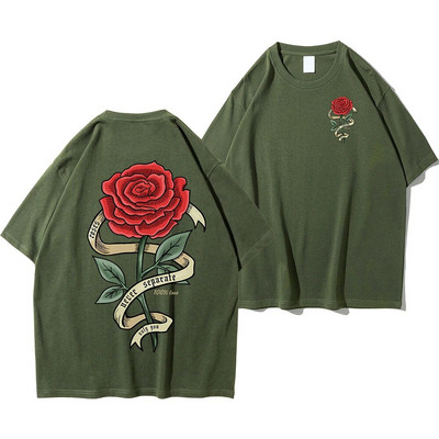 Crvene ruže omotane vrpcama Odjeća s printom Muške pamučne prozračne majice Prevelike ležerne široke majice kratkih rukava
