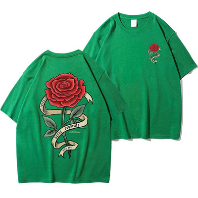 Crvene ruže omotane vrpcama Odjeća s printom Muške pamučne prozračne majice Prevelike ležerne široke majice kratkih rukava