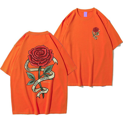 Crvene ruže omotane vrpcama Odjeća s printom Muške pamučne prozračne majice Prevelike ležerne široke majice kratkih rukava