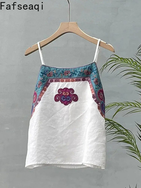 Top alb pentru femei Camisoles femei cu mâneci tancuri Top vară bumbac in broderie retro Camolă subțire vestă lenjerie tricou