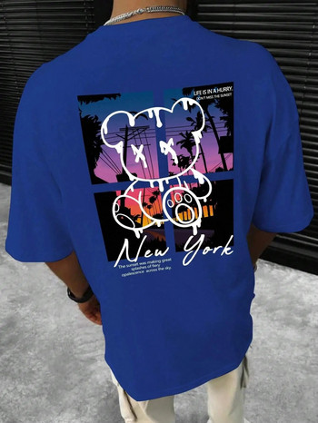 New York Art Word Cartoon Bear Sunset Scenery Design T Shirts Мъжка мода Памучна риза Свободни летни тениски Oversized Tee
