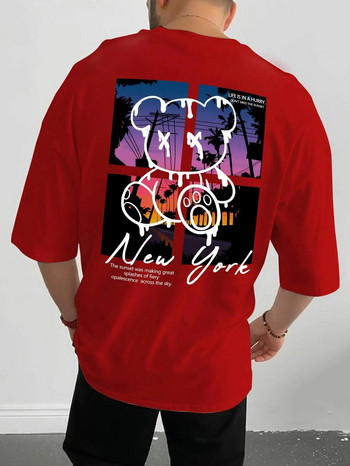 New York Art Word Cartoon Bear Sunset Scenery Design Μπλουζάκια Ανδρική μόδα Βαμβακερό πουκάμισο Φαρδιά καλοκαιρινά μπλουζάκια Μπλουζάκι μεγάλου μεγέθους