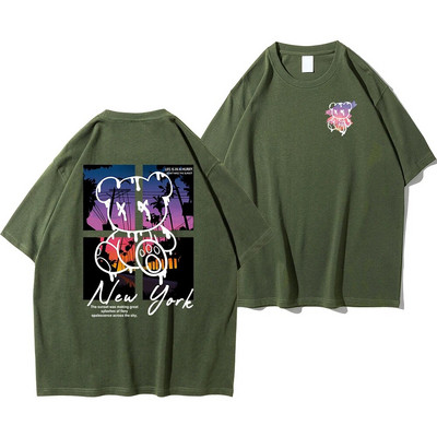 New York Art Word Crtić Medvjed Zalazak sunca Scenery Dizajn majica Muška modna pamučna košulja Široke ljetne majice Prevelike majice