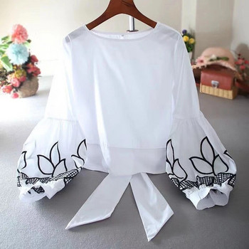 Κορεάτικο κομψό κοντό λευκό πουκάμισο Φανάρι μανίκι Γυναικεία κεντημένα μπλουζάκια στρογγυλή λαιμόκοψη Πουλόβερ μπλούζα Blusa