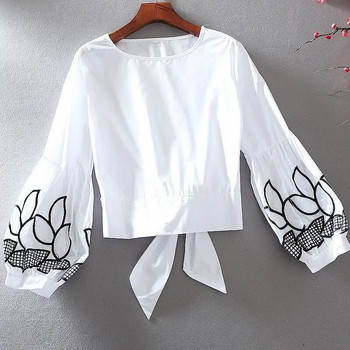 Κορεάτικο κομψό κοντό λευκό πουκάμισο Φανάρι μανίκι Γυναικεία κεντημένα μπλουζάκια στρογγυλή λαιμόκοψη Πουλόβερ μπλούζα Blusa
