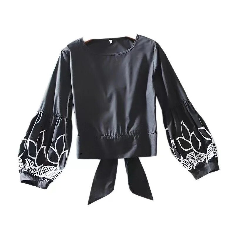 Cămașă albă scurtă șic coreeană mânecă lanternă femei brodate Topuri decolteu rotund Pulovere cu fundă bluză Bluză