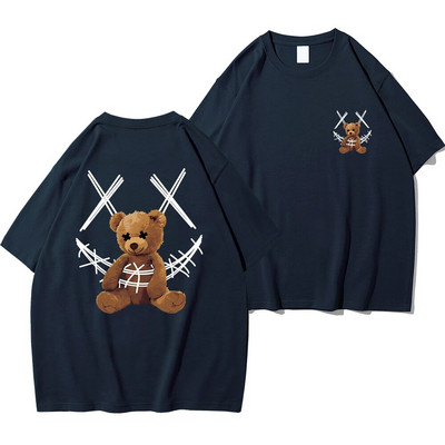 Muška majica kratkih rukava s otisnutim uzorkom zarobljenog smeđeg medvjeda s okruglim izrezom, široke majice, prozračna, udobna ležerna prevelika ženska odjeća