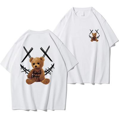 Muška majica kratkih rukava s otisnutim uzorkom zarobljenog smeđeg medvjeda s okruglim izrezom, široke majice, prozračna, udobna ležerna prevelika ženska odjeća