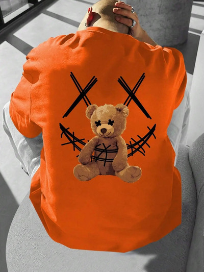 Мъжка тениска с щампован модел на кафява мечка с кръгло деколте, свободни горнища, дишащи, удобни, ежедневни големи дамски дрехи
