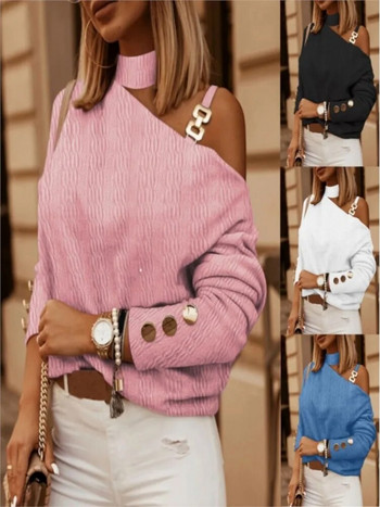 Секси дамска блуза с отворени рамена и деколте с дълги ръкави, ежедневни свободни топове, розово, бяло, есен 2023, елегантни офис дамски блузи