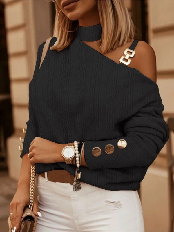 Seksikas õlavarrega kaelusega naiste pluus, pikkade varrukatega vabaaja topid, roosad valged 2023. aasta sügise elegantsed naiste kontoripluusid