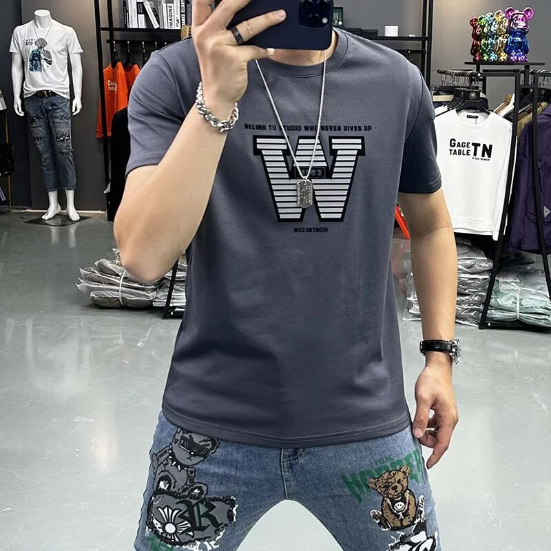 Muška majica kratkih rukava, svakodnevna odjeća, minimalistička majica s slovima, mercerizirani pamuk, udobna muška odjeća, sportska majica velikih veličina za van