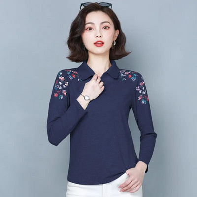 100% памучна риза, дамска елегантна блуза с дълъг ръкав, цветна туника, базови ризи, есенни дамски горнища, бродерия, високо качество