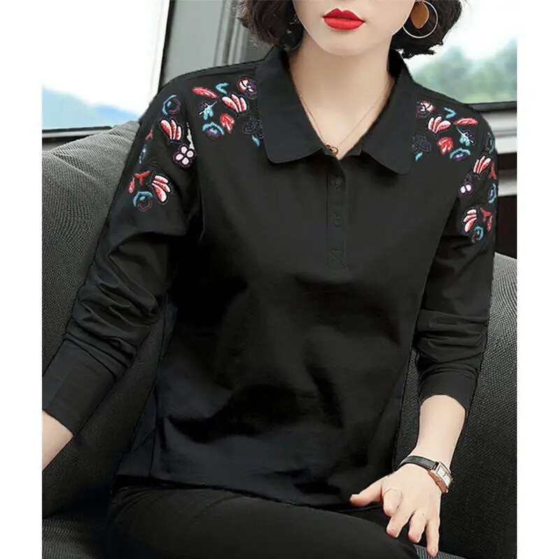 100% памучна риза, дамска елегантна блуза с дълъг ръкав, цветна туника, базови ризи, есенни дамски горнища, бродерия, високо качество