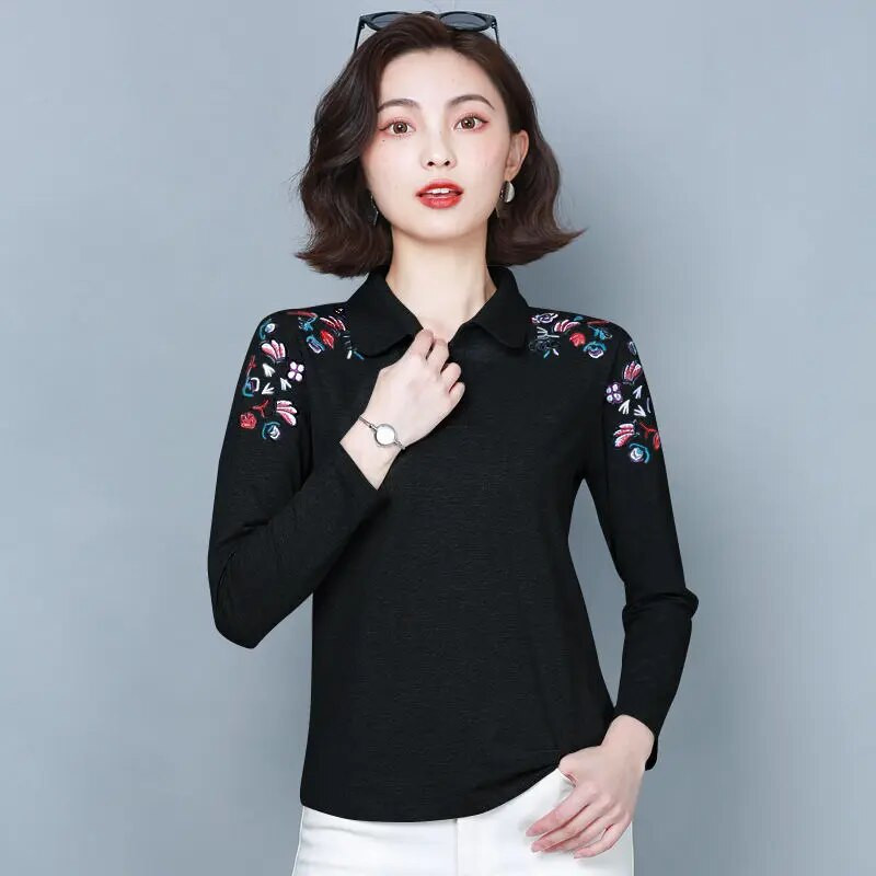 100% памучна риза, дамска елегантна блуза с дълъг ръкав, цветна туника, базови ризи, есенни дамски горнища, бродерия, високо качество