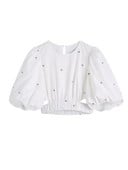 Zevity Ženska modna bluza s cvjetnim vezom, kratka bluza s naborima, elastična košulja s puf rukavima i porubom, Chic Crop Blusa majice LS320