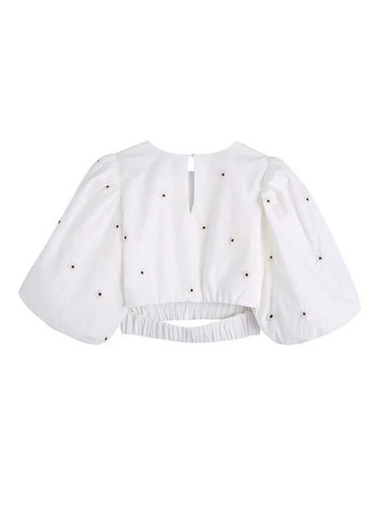 Zevity Γυναικεία Μόδα Floral Κέντημα Κοντή μπλούζα Smock Γυναικεία πιέτες με φουσκωτό μανίκι ελαστικό πουκάμισο Chic Crop μπλούζα LS320