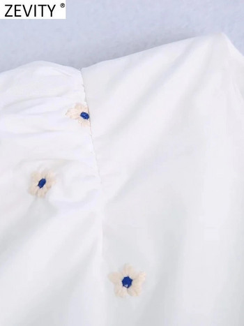 Zevity Дамска модна флорална бродерия Къса блуза Дамски плисета Еластична риза с буф ръкави Chic Crop Blusa Tops LS320