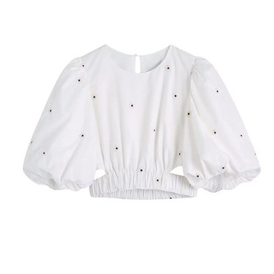 Zevity Ženska modna bluza s cvjetnim vezom, kratka bluza s naborima, elastična košulja s puf rukavima i porubom, Chic Crop Blusa majice LS320