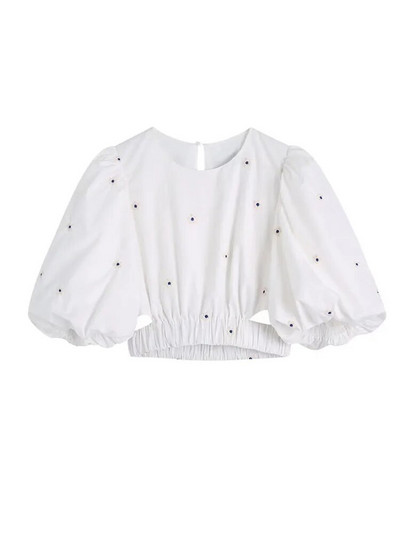 Zevity Дамска модна флорална бродерия Къса блуза Дамски плисета Еластична риза с буф ръкави Chic Crop Blusa Tops LS320