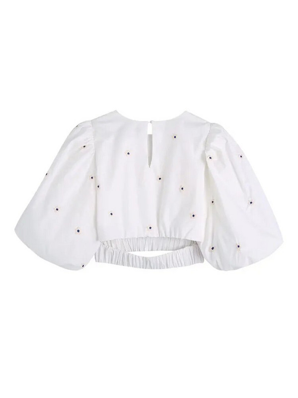 Zevity Ženska modna bluza s cvjetnim vezom, kratka bluza s naborima, elastična košulja s puf rukavima i porubom, Chic Crop Blusa majice LS320
