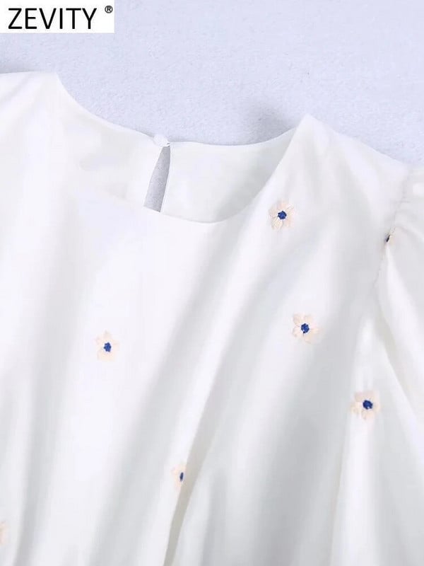 Zevity Ženska modna bluza s cvjetnim vezom, kratka bluza s naborima, elastična košulja s puf rukavima i porubom, Chic Crop Blusa majice LS320