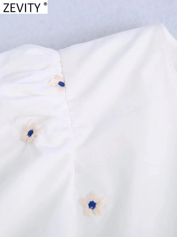 Zevity Ženska modna bluza s cvjetnim vezom, kratka bluza s naborima, elastična košulja s puf rukavima i porubom, Chic Crop Blusa majice LS320
