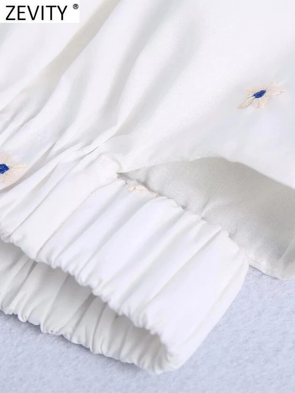 Zevity Ženska modna bluza s cvjetnim vezom, kratka bluza s naborima, elastična košulja s puf rukavima i porubom, Chic Crop Blusa majice LS320