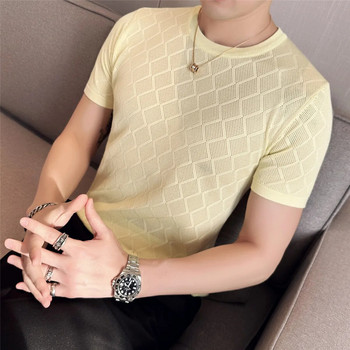 2023 Марково облекло Мъжки летни ежедневни къси ръкави Ледена копринена плетена тениска/Мъжка висококачествена модна тениска с издълбана кръгла яка