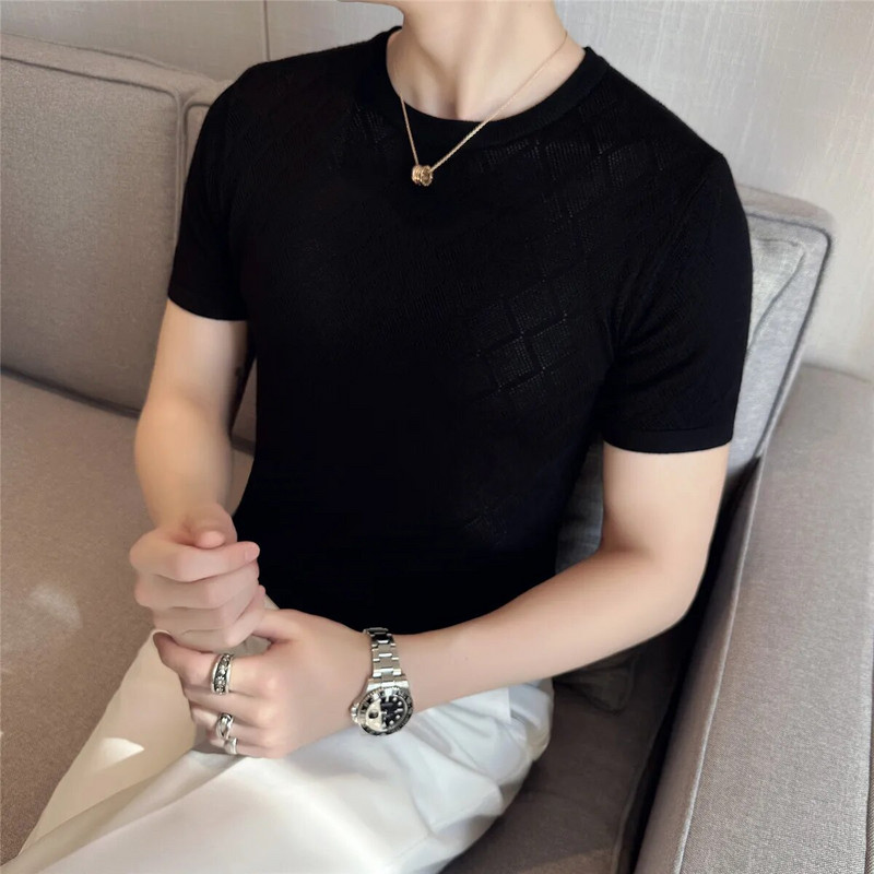 2023 Brand Odjeća Muška ljetna ležerna pletena majica kratkih rukava od ledene svile/muška visokokvalitetna modna izdubljena majica s okruglim izrezom