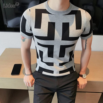 Ανδρικά ανδρικά ρούχα 2023 Πουλόβερ Μόδα Skinny Printing Κορεατικά φθινοπωρινά κοντομάνικα Όμορφα λεπτά μπλουζάκια με στρογγυλή λαιμόκοψη