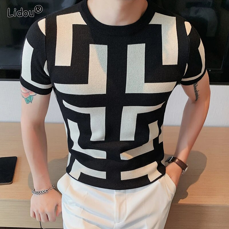 2023 Muška odjeća Muški puloveri Modni uski printovi Korejske proljeće jesen Kratkih rukava Zgodne tanke majice s okruglim izrezom