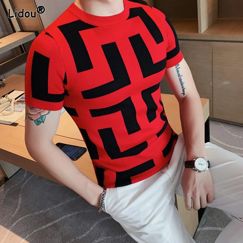 2023 Muška odjeća Muški puloveri Modni uski printovi Korejske proljeće jesen Kratkih rukava Zgodne tanke majice s okruglim izrezom