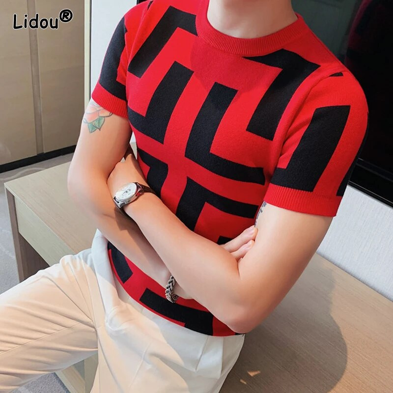 2023 Muška odjeća Muški puloveri Modni uski printovi Korejske proljeće jesen Kratkih rukava Zgodne tanke majice s okruglim izrezom